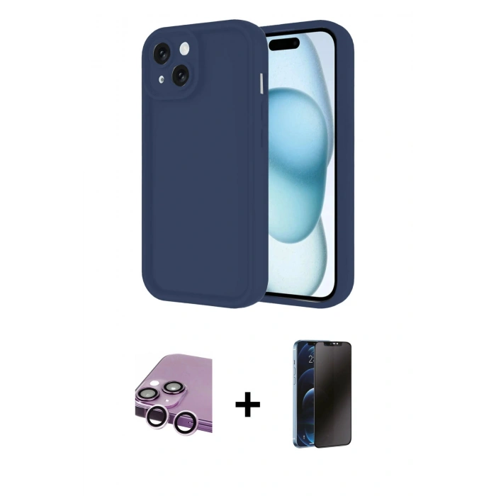 MARSİLYAN™- iPhone 14 Kılıf Yankı Yansıma Özel Seri - Siyah 3D Antistatik Hayalet Cam Ekran Koruyucu + Raze Metal Kamera Lens - MR