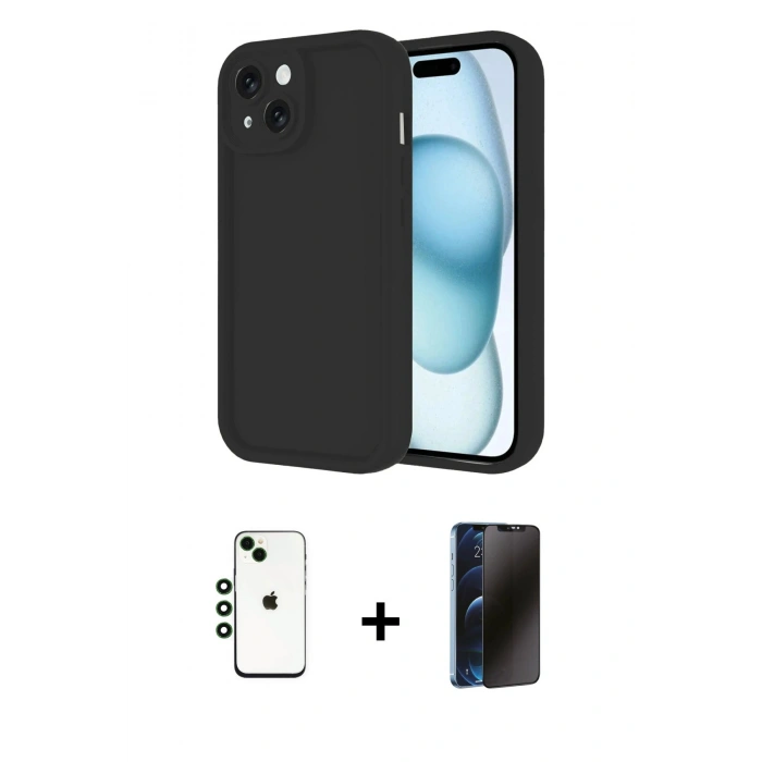 MARSİLYAN™- iPhone 14 Kılıf Yankı Yansıma Özel Seri - Siyah 3D Antistatik Hayalet Cam Ekran Koruyucu + Shine Kamera Lens - YL
