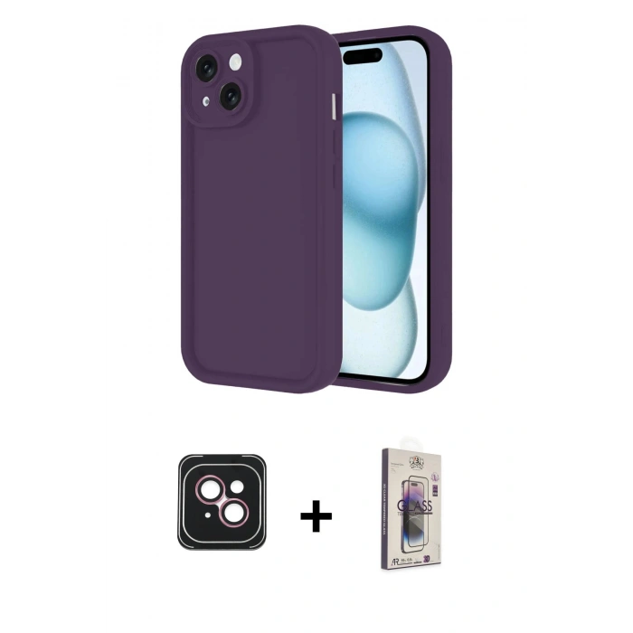 MARSİLYAN™- iPhone 14 Kılıf Yankı Yansıma Özel Seri - Siyah Bilvis 3D Cam Ekran Koruyucu + PVD Metal Kamera Lens - PE