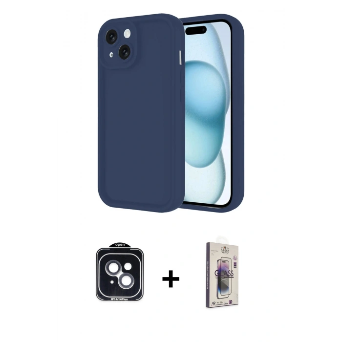 MARSİLYAN™- iPhone 14 Kılıf Yankı Yansıma Özel Seri - Siyah Bilvis 3D Cam Ekran Koruyucu + PVD Metal Kamera Lens - SH