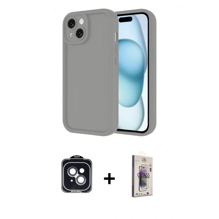 MARSİLYAN™- iPhone 14 Kılıf Yankı Yansıma Özel Seri - Siyah Bilvis 3D Cam Ekran Koruyucu + PVD Metal Kamera Lens - SH