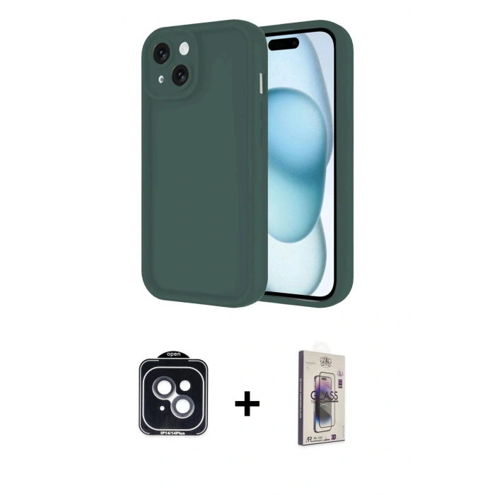 MARSİLYAN™- iPhone 14 Kılıf Yankı Yansıma Özel Seri - Siyah Bilvis 3D Cam Ekran Koruyucu + PVD Metal Kamera Lens - SH