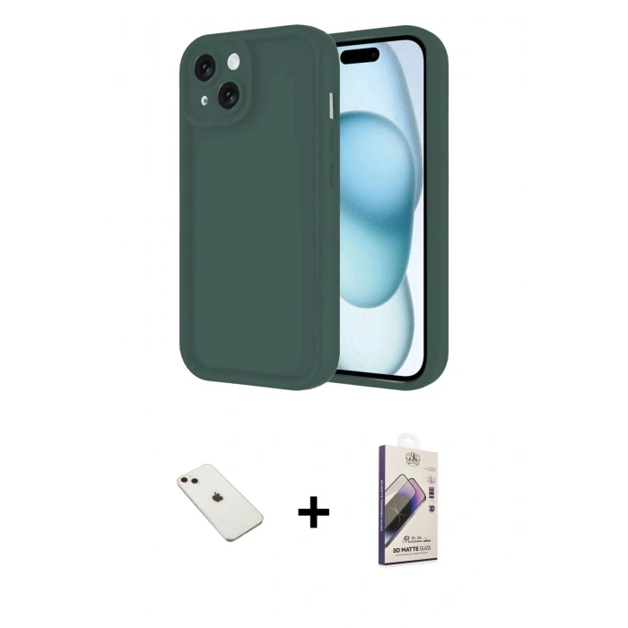 MARSİLYAN™- iPhone 14 Kılıf Yankı Yansıma Özel Seri - Siyah Bilvis 3D Mat Cam Ekran Koruyucu + Diamond Kamera Lens - PE