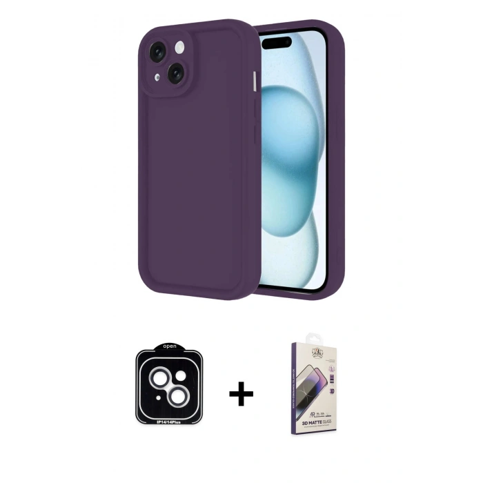 MARSİLYAN™- iPhone 14 Kılıf Yankı Yansıma Özel Seri - Siyah Bilvis 3D Mat Cam Ekran Koruyucu + PVD Metal Kamera Lens - GS