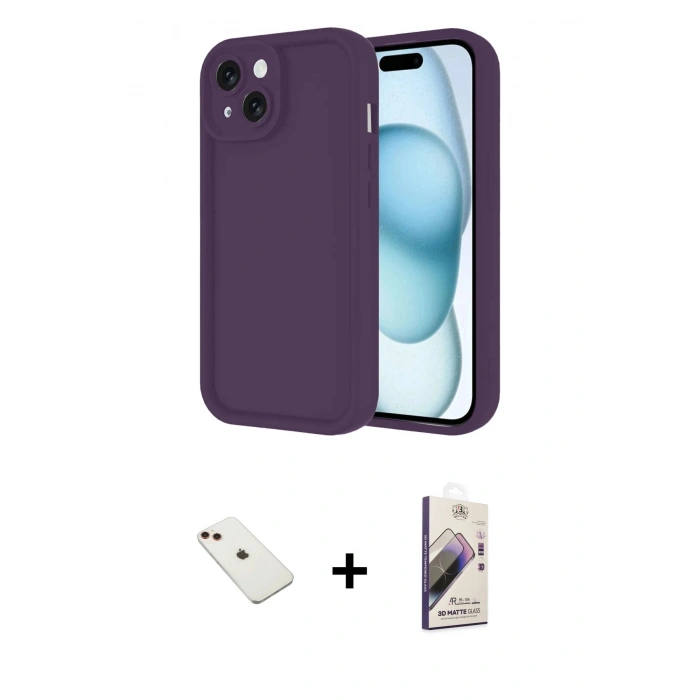 MARSİLYAN™- iPhone 14 Kılıf Yankı Yansıma Özel Seri - Siyah Bilvis 3D Mat Cam Ekran Koruyucu + Diamond Kamera Lens - KI