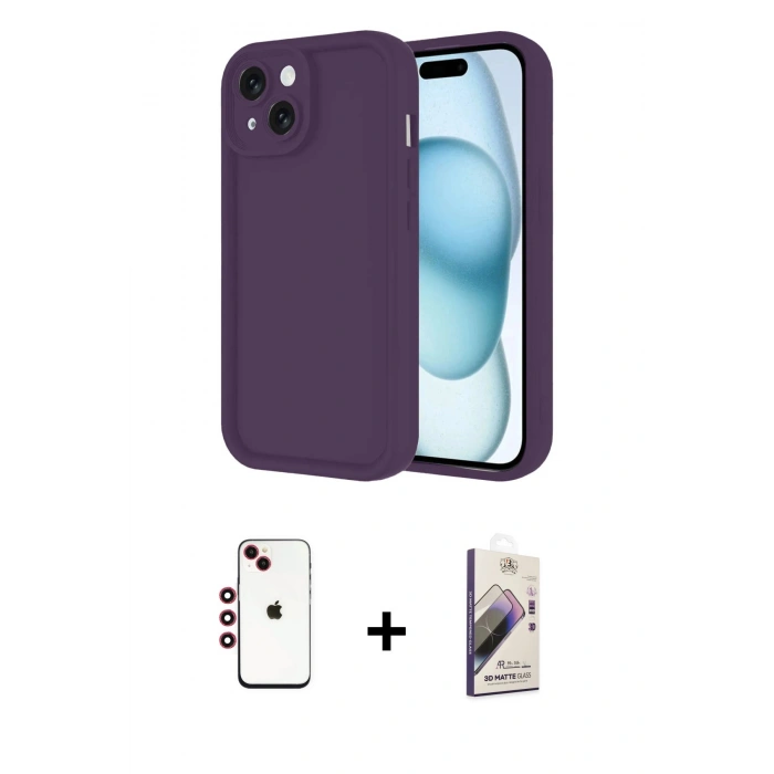 MARSİLYAN™- iPhone 14 Kılıf Yankı Yansıma Özel Seri - Siyah Bilvis 3D Mat Cam Ekran Koruyucu + Shine Kamera Lens - KI