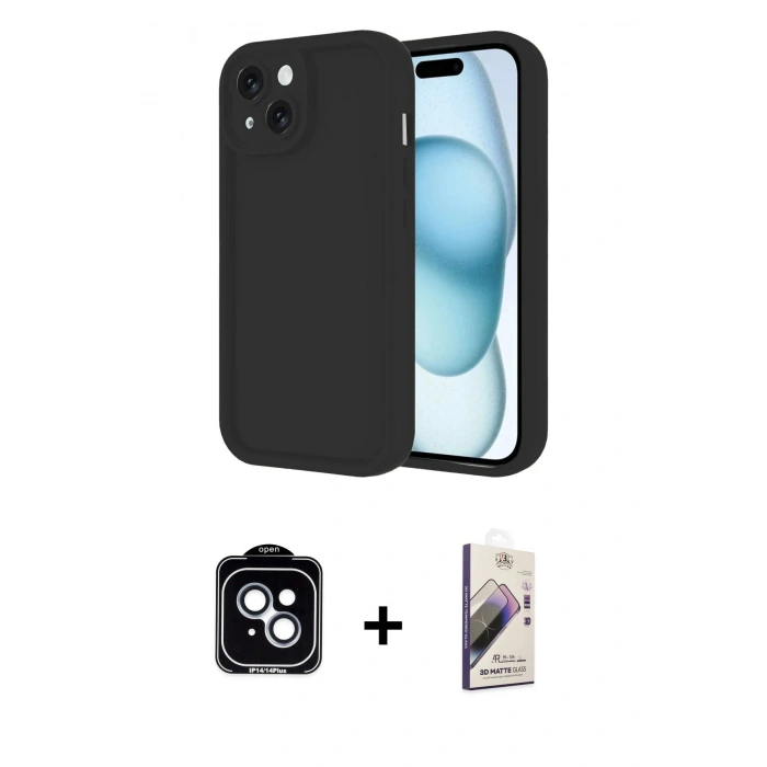 MARSİLYAN™- iPhone 14 Kılıf Yankı Yansıma Özel Seri - Siyah Bilvis 3D Mat Cam Ekran Koruyucu + PVD Metal Kamera Lens - MI