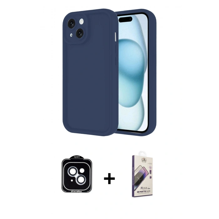 MARSİLYAN™- iPhone 14 Kılıf Yankı Yansıma Özel Seri - Siyah Bilvis 3D Mat Cam Ekran Koruyucu + PVD Metal Kamera Lens - MI