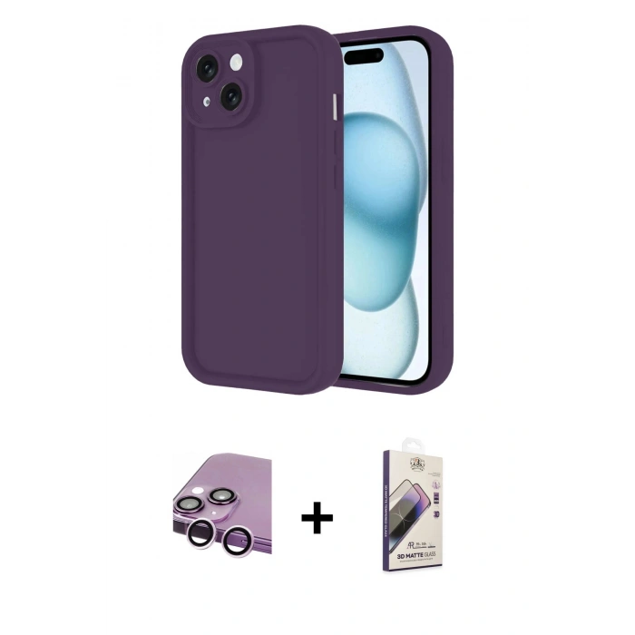 MARSİLYAN™- iPhone 14 Kılıf Yankı Yansıma Özel Seri - Siyah Bilvis 3D Mat Cam Ekran Koruyucu + Raze Metal Kamera Lens - MR