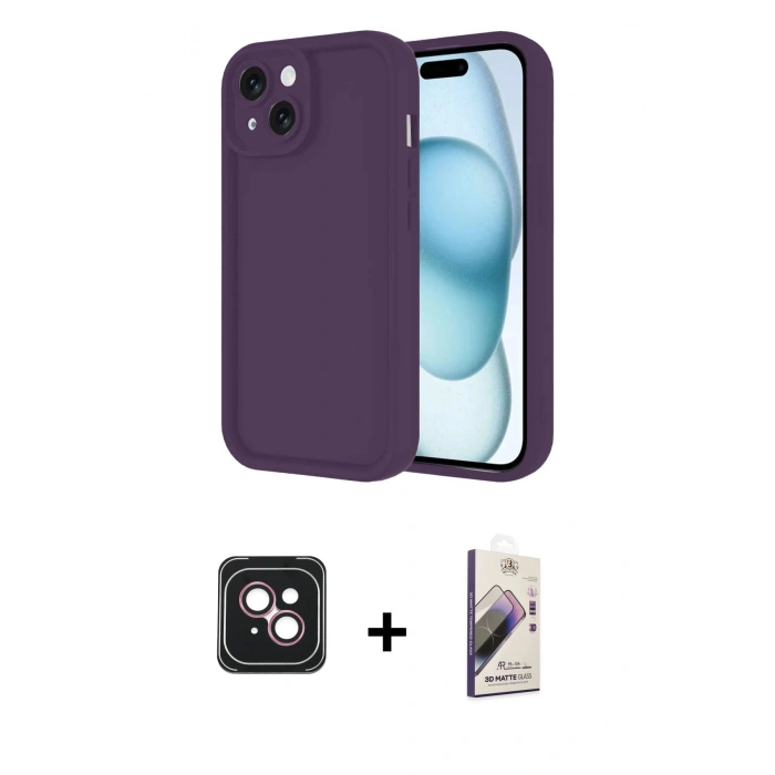 MARSİLYAN™- iPhone 14 Kılıf Yankı Yansıma Özel Seri - Siyah Bilvis 3D Mat Cam Ekran Koruyucu + PVD Metal Kamera Lens - PE