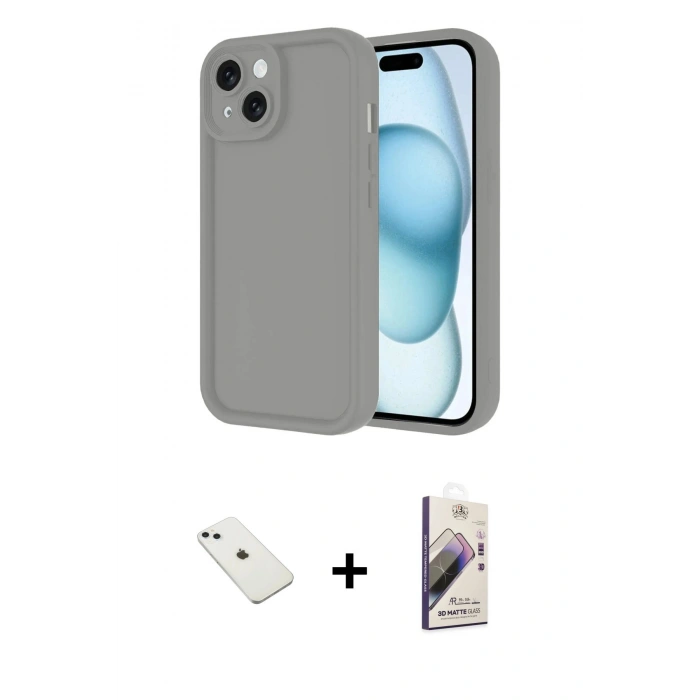 MARSİLYAN™- iPhone 14 Kılıf Yankı Yansıma Özel Seri - Siyah Bilvis 3D Mat Cam Ekran Koruyucu + Diamond Kamera Lens - SABE