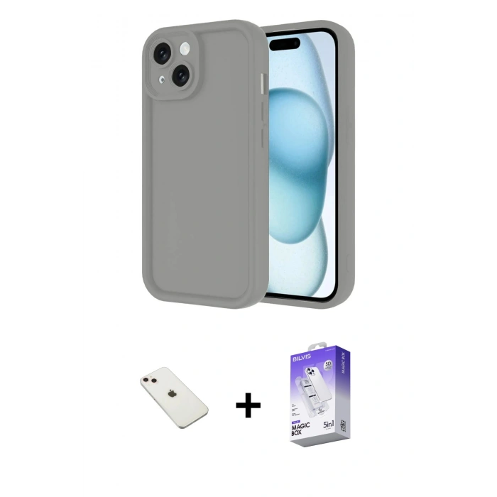 MARSİLYAN™- iPhone 14 Kılıf Yankı Yansıma Özel Seri - Siyah Bilvis 5in1 3D Magic Cam Ekran Koruyucu + Diamond Kamera Lens - PE