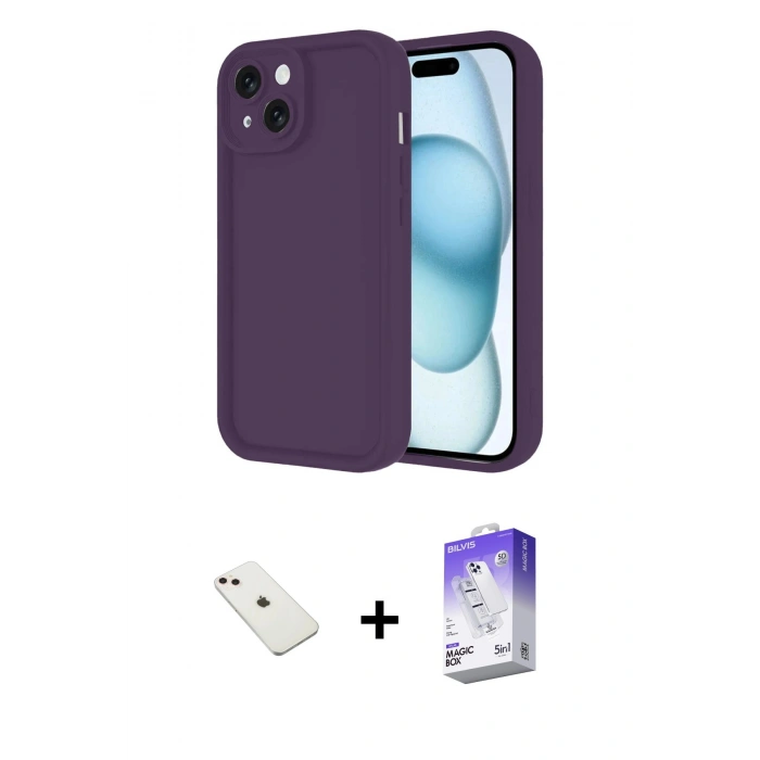 MARSİLYAN™- iPhone 14 Kılıf Yankı Yansıma Özel Seri - Siyah Bilvis 5in1 3D Magic Cam Ekran Koruyucu + Diamond Kamera Lens - PE