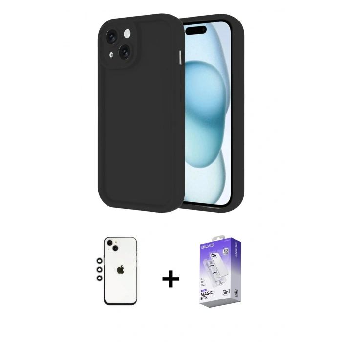MARSİLYAN™- iPhone 14 Kılıf Yankı Yansıma Özel Seri - Siyah Bilvis 5in1 3D Magic Cam Ekran Koruyucu + Shine Kamera Lens - GS