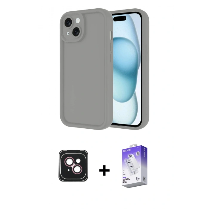 MARSİLYAN™- iPhone 14 Kılıf Yankı Yansıma Özel Seri - Siyah Bilvis 5in1 3D Magic Cam Ekran Koruyucu + PVD Metal Kamera Lens - PE