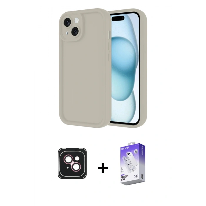 MARSİLYAN™- iPhone 14 Kılıf Yankı Yansıma Özel Seri - Siyah Bilvis 5in1 3D Magic Cam Ekran Koruyucu + PVD Metal Kamera Lens - PE