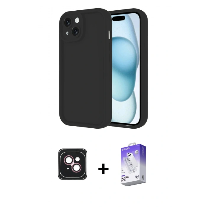 MARSİLYAN™- iPhone 14 Kılıf Yankı Yansıma Özel Seri - Siyah Bilvis 5in1 3D Magic Cam Ekran Koruyucu + PVD Metal Kamera Lens - PE