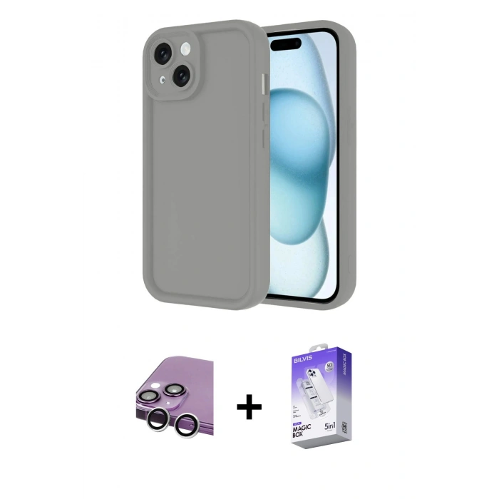 MARSİLYAN™- iPhone 14 Kılıf Yankı Yansıma Özel Seri - Siyah Bilvis 5in1 3D Magic Cam Ekran Koruyucu + Raze Metal Kamera Lens - GS