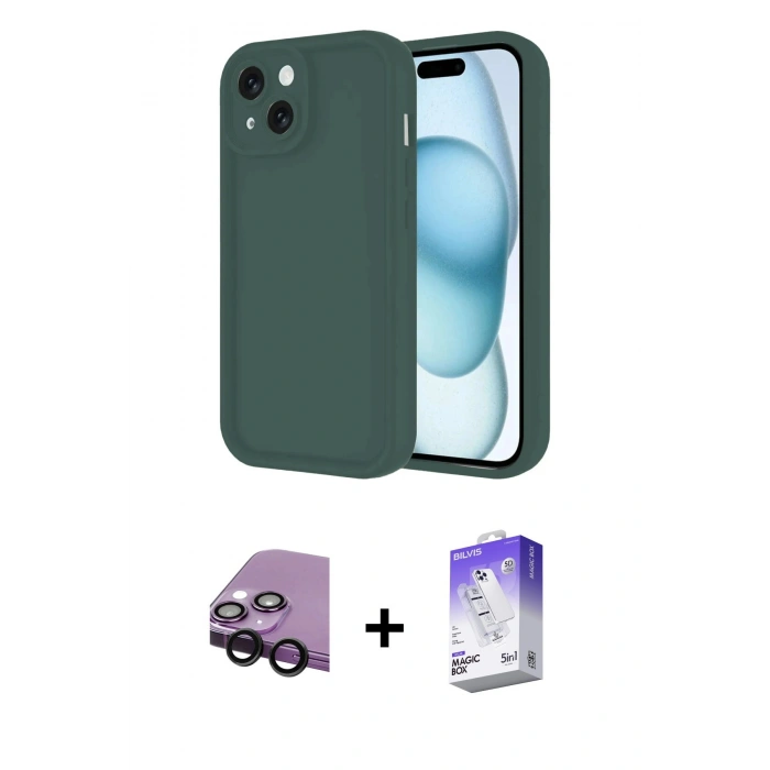 MARSİLYAN™- iPhone 14 Kılıf Yankı Yansıma Özel Seri - Siyah Bilvis 5in1 3D Magic Cam Ekran Koruyucu + Raze Metal Kamera Lens - SH