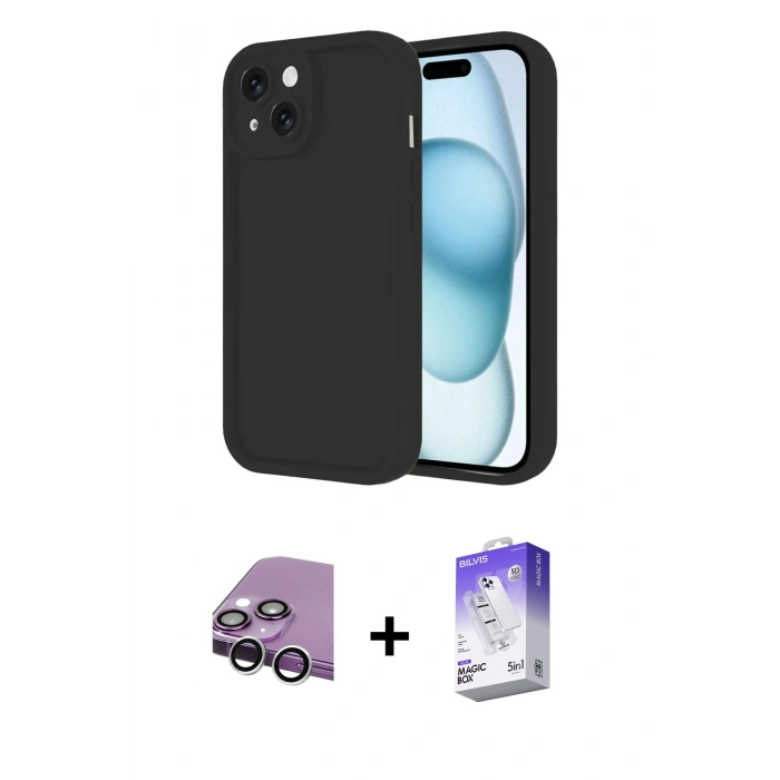 MARSİLYAN™- iPhone 14 Kılıf Yankı Yansıma Özel Seri - Siyah Bilvis 5in1 3D Magic Cam Ekran Koruyucu + Raze Metal Kamera Lens - GS