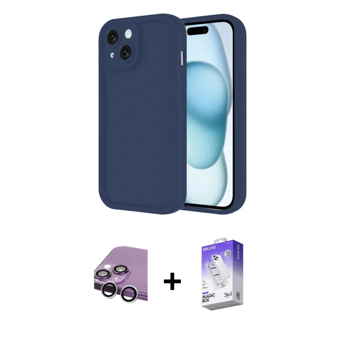 MARSİLYAN™- iPhone 14 Kılıf Yankı Yansıma Özel Seri - Siyah Bilvis 5in1 3D Magic Cam Ekran Koruyucu + Raze Metal Kamera Lens - GS