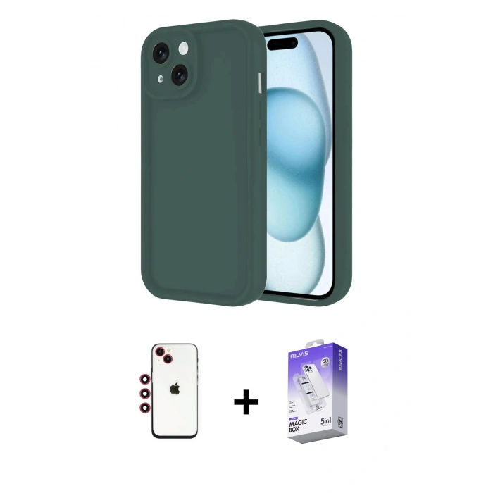 MARSİLYAN™- iPhone 14 Kılıf Yankı Yansıma Özel Seri - Siyah Bilvis 5in1 3D Magic Cam Ekran Koruyucu + Shine Kamera Lens - KI