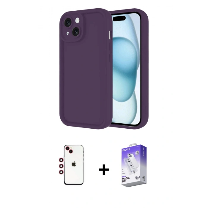 MARSİLYAN™- iPhone 14 Kılıf Yankı Yansıma Özel Seri - Siyah Bilvis 5in1 3D Magic Cam Ekran Koruyucu + Shine Kamera Lens - KI