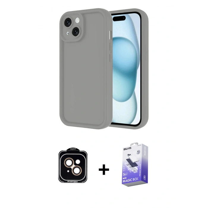 MARSİLYAN™- iPhone 14 Kılıf Yankı Yansıma Özel Seri - Siyah Bilvis 5in1 5D Magic Hayalet Cam Ekran Koruyucu + Turuncu PVD Metal Kamera Lens