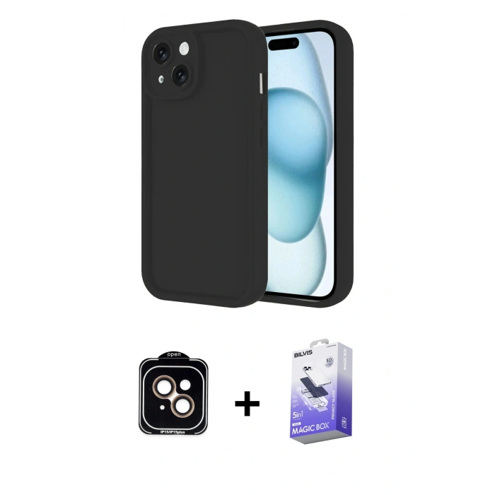 MARSİLYAN™- iPhone 14 Kılıf Yankı Yansıma Özel Seri - Siyah Bilvis 5in1 5D Magic Hayalet Cam Ekran Koruyucu + PVD Metal Kamera Lens - TU