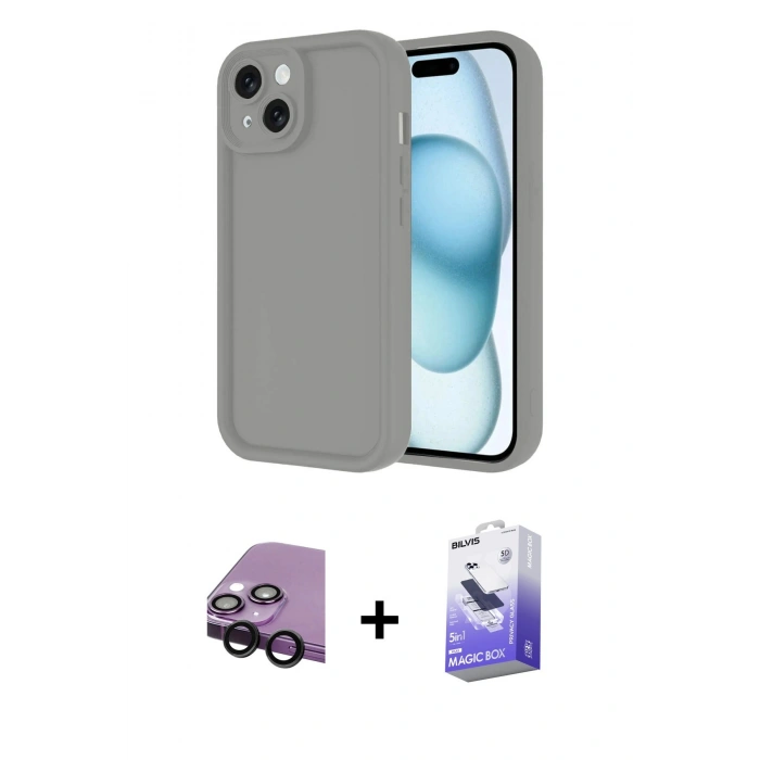 MARSİLYAN™- iPhone 14 Kılıf Yankı Yansıma Özel Seri - Siyah Bilvis 5in1 5D Magic Hayalet Cam Ekran Koruyucu + Raze Metal Kamera Lens - SH
