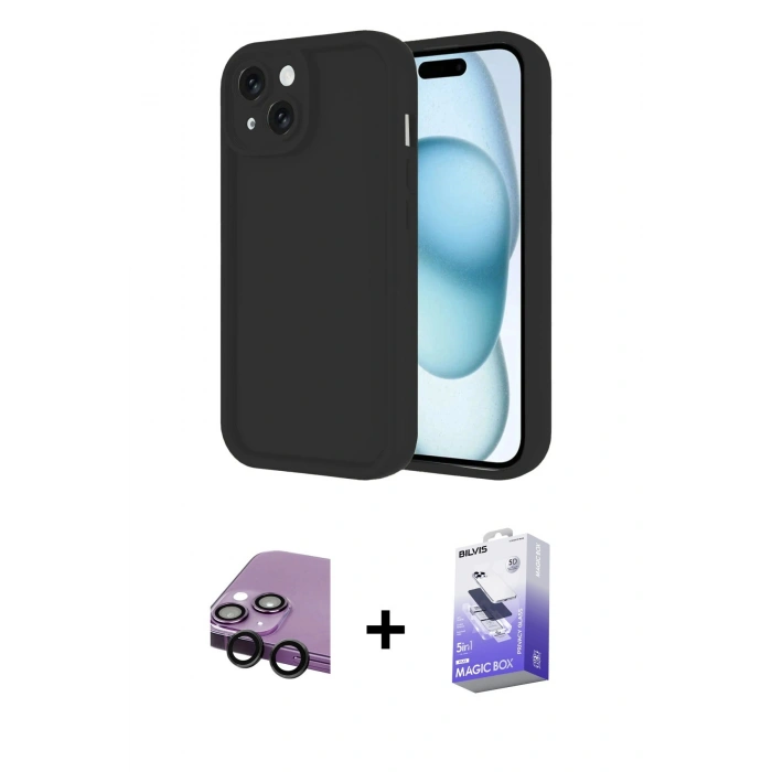 MARSİLYAN™- iPhone 14 Kılıf Yankı Yansıma Özel Seri - Siyah Bilvis 5in1 5D Magic Hayalet Cam Ekran Koruyucu + Raze Metal Kamera Lens - SH