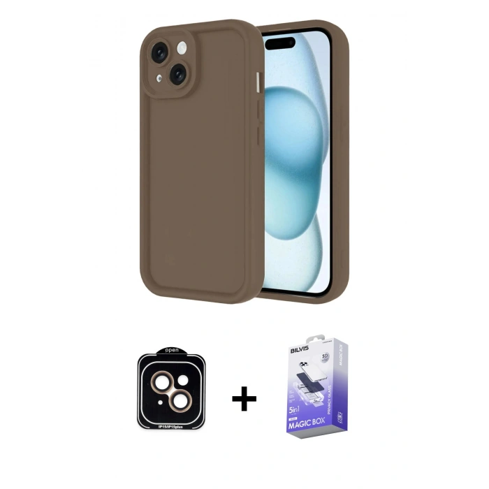 MARSİLYAN™- iPhone 14 Kılıf Yankı Yansıma Özel Seri - Siyah Bilvis 5in1 5D Magic Hayalet Cam Ekran Koruyucu + PVD Metal Kamera Lens - TU