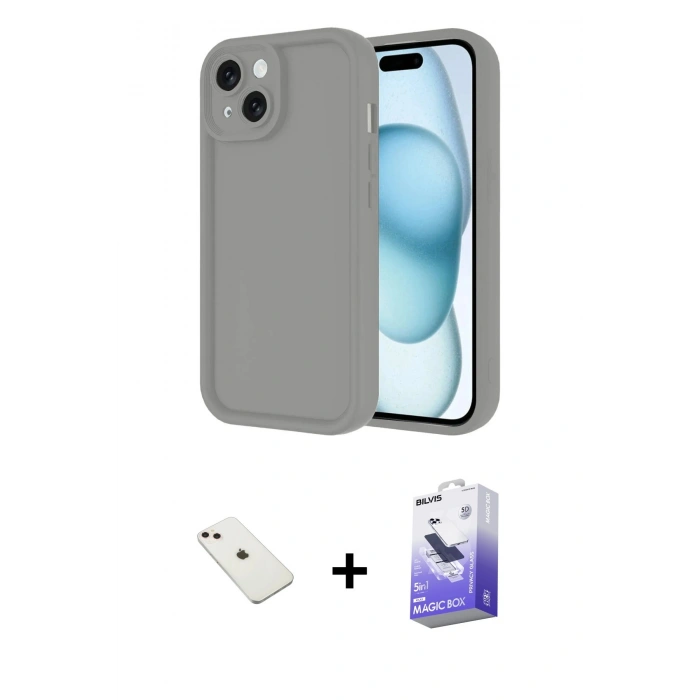 MARSİLYAN™- iPhone 14 Kılıf Yankı Yansıma Özel Seri - Siyah Bilvis 5in1 5D Magic Hayalet Cam Ekran Koruyucu + Diamond Kamera Lens - PE