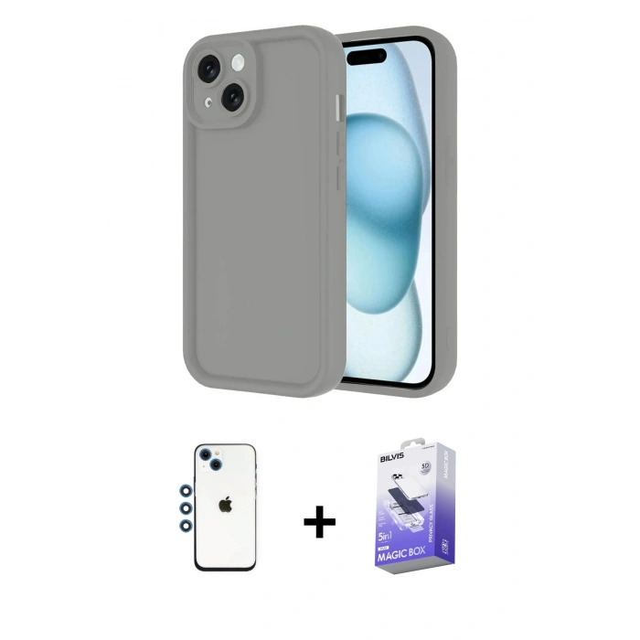 MARSİLYAN™- iPhone 14 Kılıf Yankı Yansıma Özel Seri - Siyah Bilvis 5in1 5D Magic Hayalet Cam Ekran Koruyucu + Shine Kamera Lens - MI