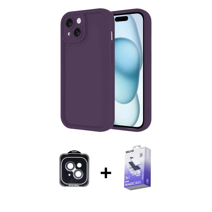 MARSİLYAN™- iPhone 14 Kılıf Yankı Yansıma Özel Seri - Siyah Bilvis 5in1 5D Magic Hayalet Cam Ekran Koruyucu + Siyah PVD Metal Kamera Lens
