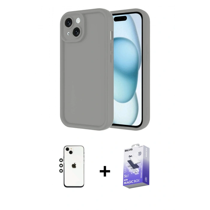 MARSİLYAN™- iPhone 14 Kılıf Yankı Yansıma Özel Seri - Siyah Bilvis 5in1 5D Magic Hayalet Cam Ekran Koruyucu + Shine Kamera Lens - GS