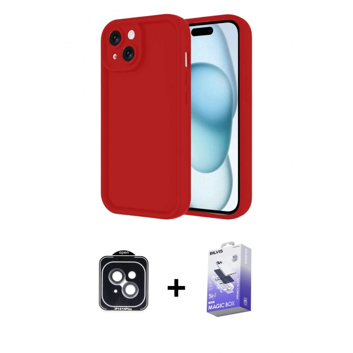 MARSİLYAN™- iPhone 14 Kılıf Yankı Yansıma Özel Seri - Siyah Bilvis 5in1 5D Magic Hayalet Cam Ekran Koruyucu + Siyah PVD Metal Kamera Lens