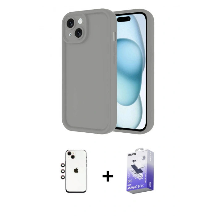 MARSİLYAN™- iPhone 14 Kılıf Yankı Yansıma Özel Seri - Siyah Bilvis 5in1 5D Magic Hayalet Cam Ekran Koruyucu + Shine Kamera Lens - GI