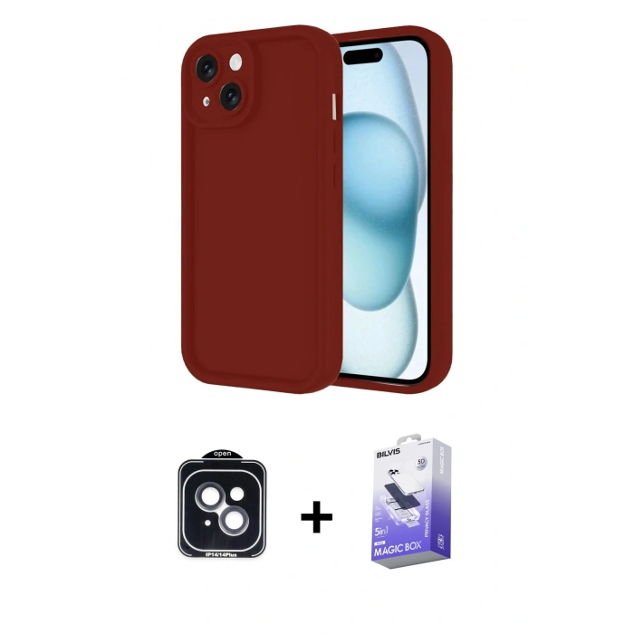 MARSİLYAN™- iPhone 14 Kılıf Yankı Yansıma Özel Seri - Siyah Bilvis 5in1 5D Magic Hayalet Cam Ekran Koruyucu + Siyah PVD Metal Kamera Lens