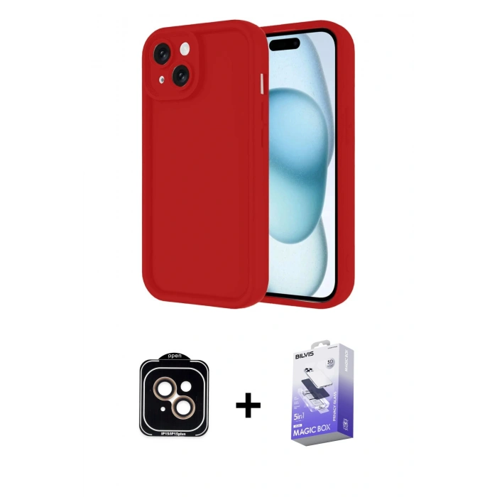 MARSİLYAN™- iPhone 14 Kılıf Yankı Yansıma Özel Seri - Siyah Bilvis 5in1 5D Magic Hayalet Cam Ekran Koruyucu + PVD Metal Kamera Lens - TU
