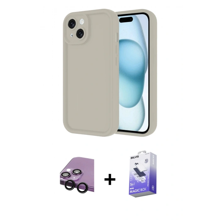 MARSİLYAN™- iPhone 14 Kılıf Yankı Yansıma Özel Seri - Siyah Bilvis 5in1 5D Magic Hayalet Cam Ekran Koruyucu + Raze Metal Kamera Lens - SH