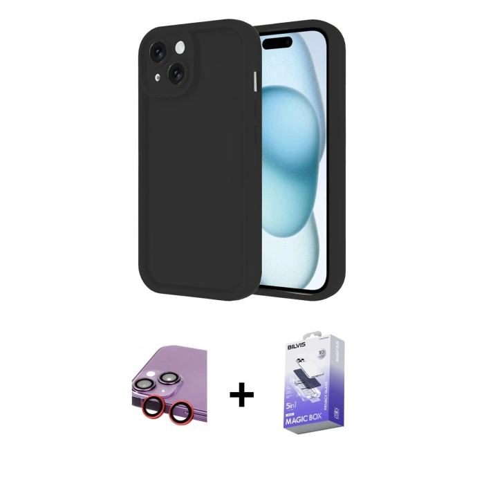 MARSİLYAN™- iPhone 14 Kılıf Yankı Yansıma Özel Seri - Siyah Bilvis 5in1 5D Magic Hayalet Cam Ekran Koruyucu + Raze Metal Kamera Lens - KI