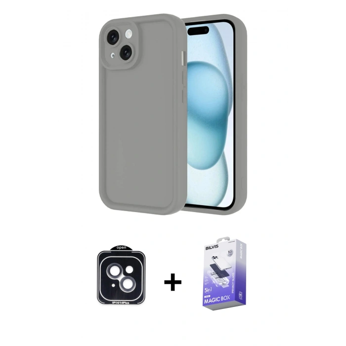 MARSİLYAN™- iPhone 14 Kılıf Yankı Yansıma Özel Seri - Siyah Bilvis 5in1 5D Magic Hayalet Cam Ekran Koruyucu + Siyah PVD Metal Kamera Lens