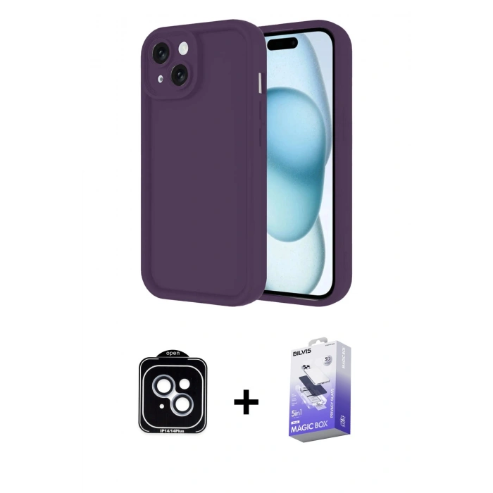 MARSİLYAN™- iPhone 14 Kılıf Yankı Yansıma Özel Seri - Siyah Bilvis 5in1 5D Magic Hayalet Cam Ekran Koruyucu + Mavi PVD Metal Kamera Lens
