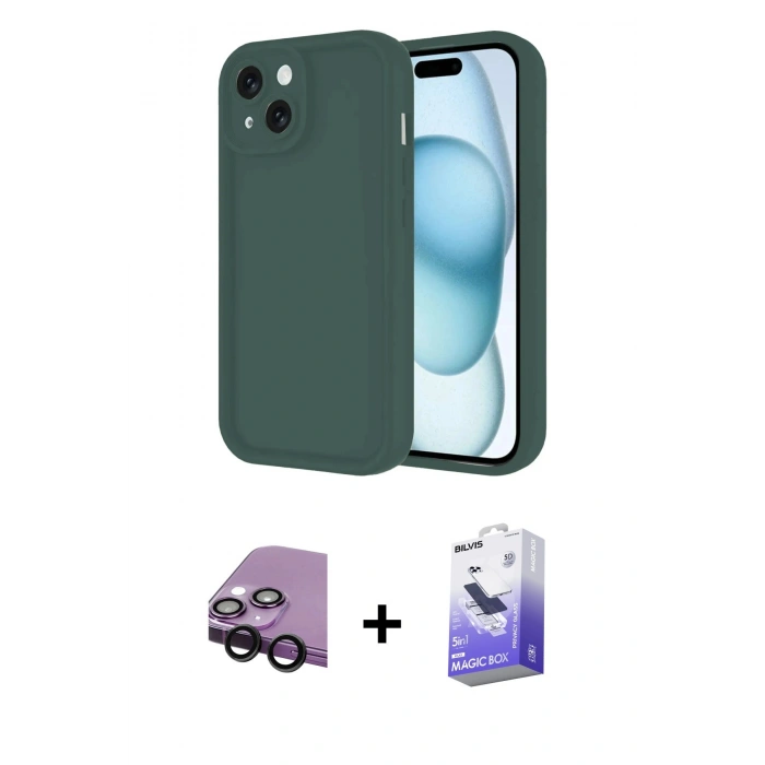 MARSİLYAN™- iPhone 14 Kılıf Yankı Yansıma Özel Seri - Siyah Bilvis 5in1 5D Magic Hayalet Cam Ekran Koruyucu + Raze Metal Kamera Lens - SH