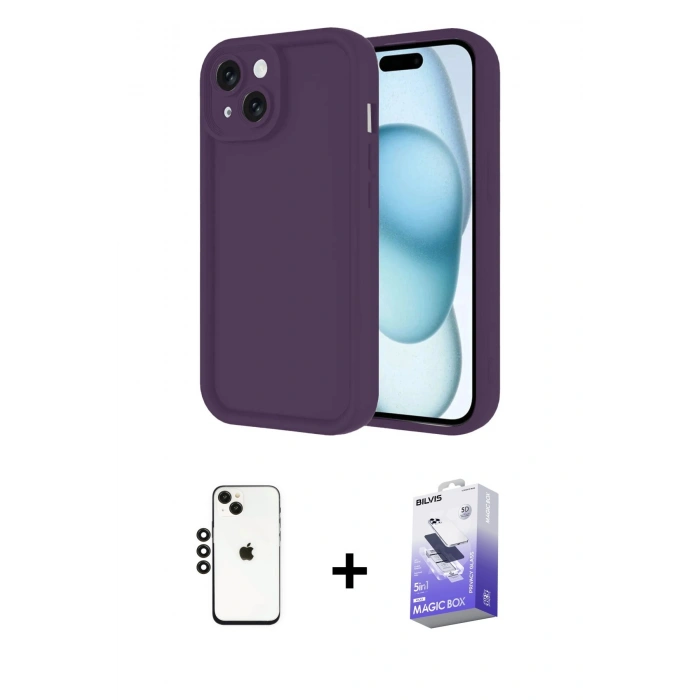 MARSİLYAN™- iPhone 14 Kılıf Yankı Yansıma Özel Seri - Siyah Bilvis 5in1 5D Magic Hayalet Cam Ekran Koruyucu + Shine Kamera Lens - SH