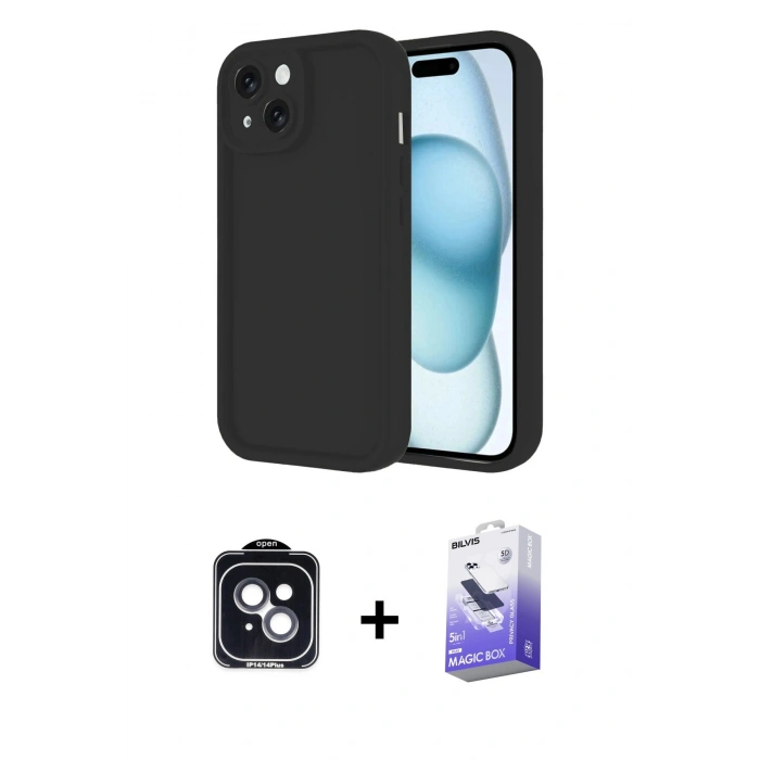 MARSİLYAN™- iPhone 14 Kılıf Yankı Yansıma Özel Seri - Siyah Bilvis 5in1 5D Magic Hayalet Cam Ekran Koruyucu + Siyah PVD Metal Kamera Lens