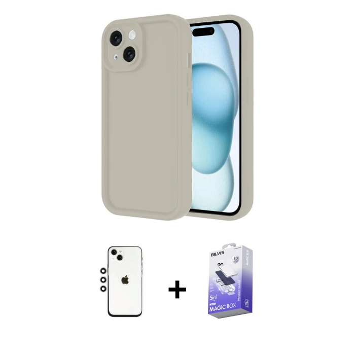 MARSİLYAN™- iPhone 14 Kılıf Yankı Yansıma Özel Seri - Siyah Bilvis 5in1 5D Magic Hayalet Cam Ekran Koruyucu + Shine Kamera Lens - GS