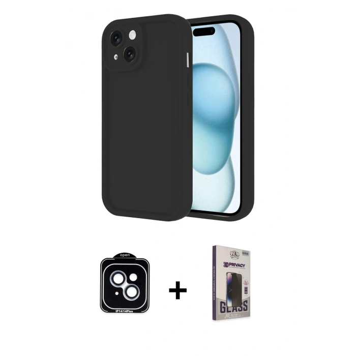 MARSİLYAN™- iPhone 14 Kılıf Yankı Yansıma Özel Seri - Siyah Bilvis Hayalet Cam Ekran Koruyucu + PVD Metal Kamera Lens - MI