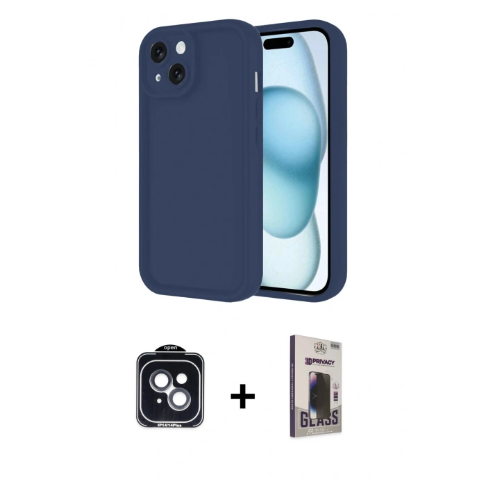 MARSİLYAN™- iPhone 14 Kılıf Yankı Yansıma Özel Seri - Siyah Bilvis Hayalet Cam Ekran Koruyucu + PVD Metal Kamera Lens - SH